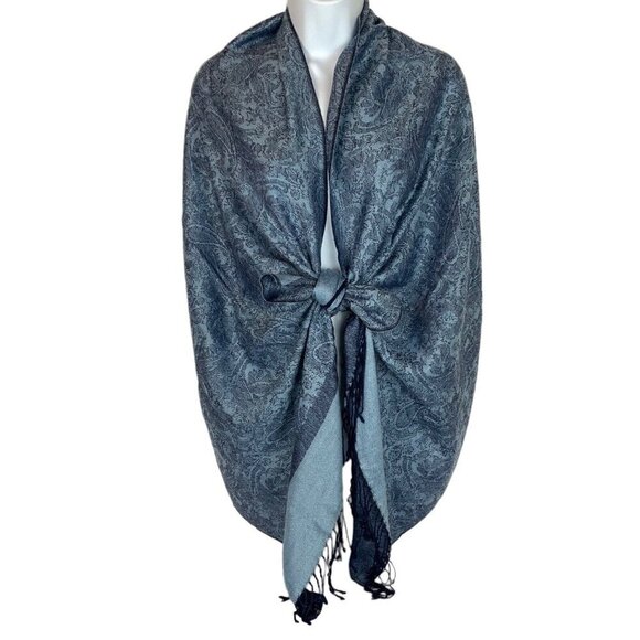 Pashmina Silk Blend Fringed Blue Paisley Scarf Shawl Wrap Soft Accessory - Picture 2 of 6